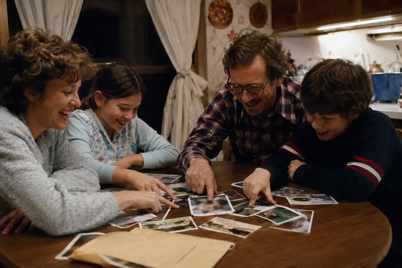 A family looking through developed Christmas photographs at a kitchen table