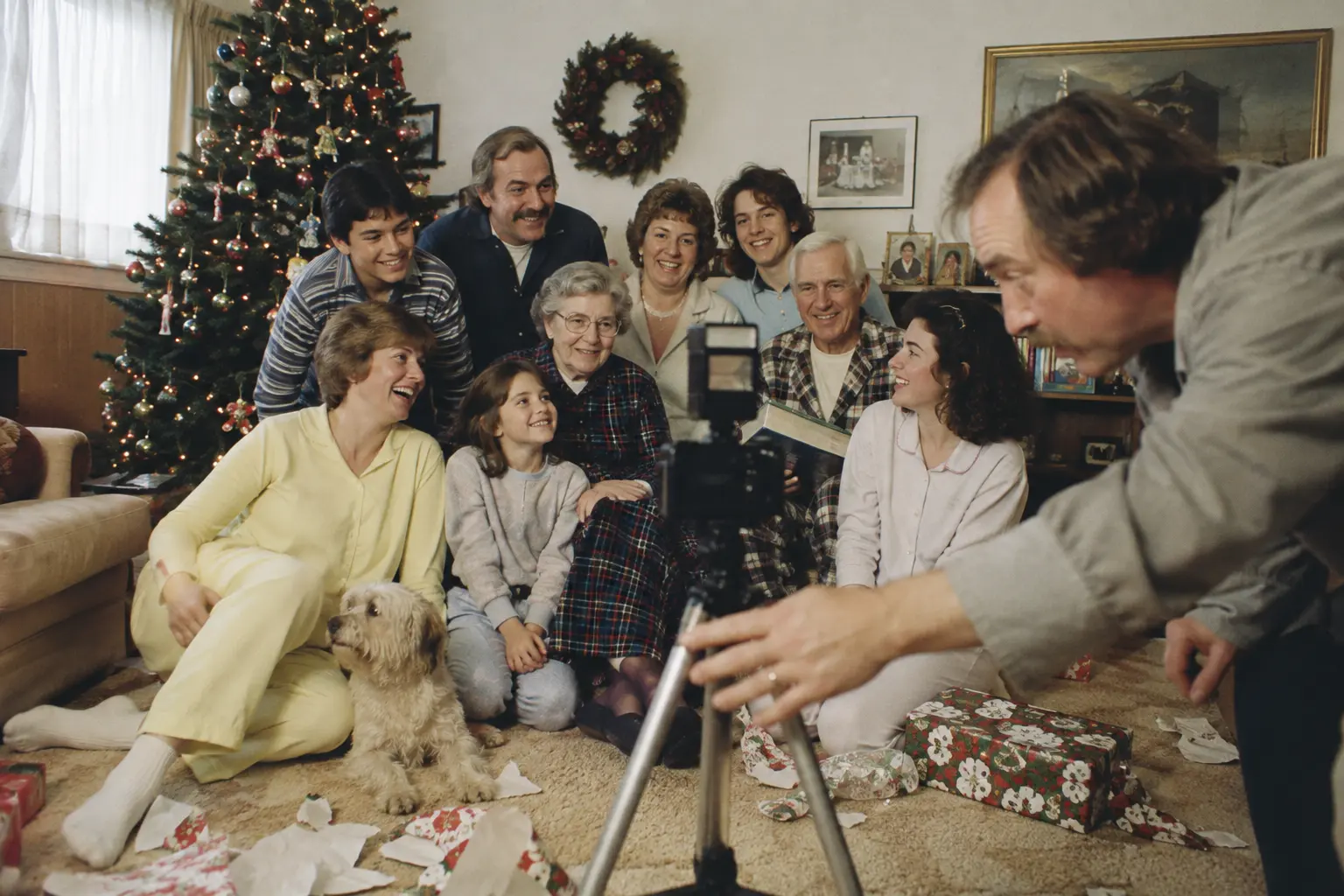 A multigenerational family preparing for a self-timed film photograph on Christmas morning