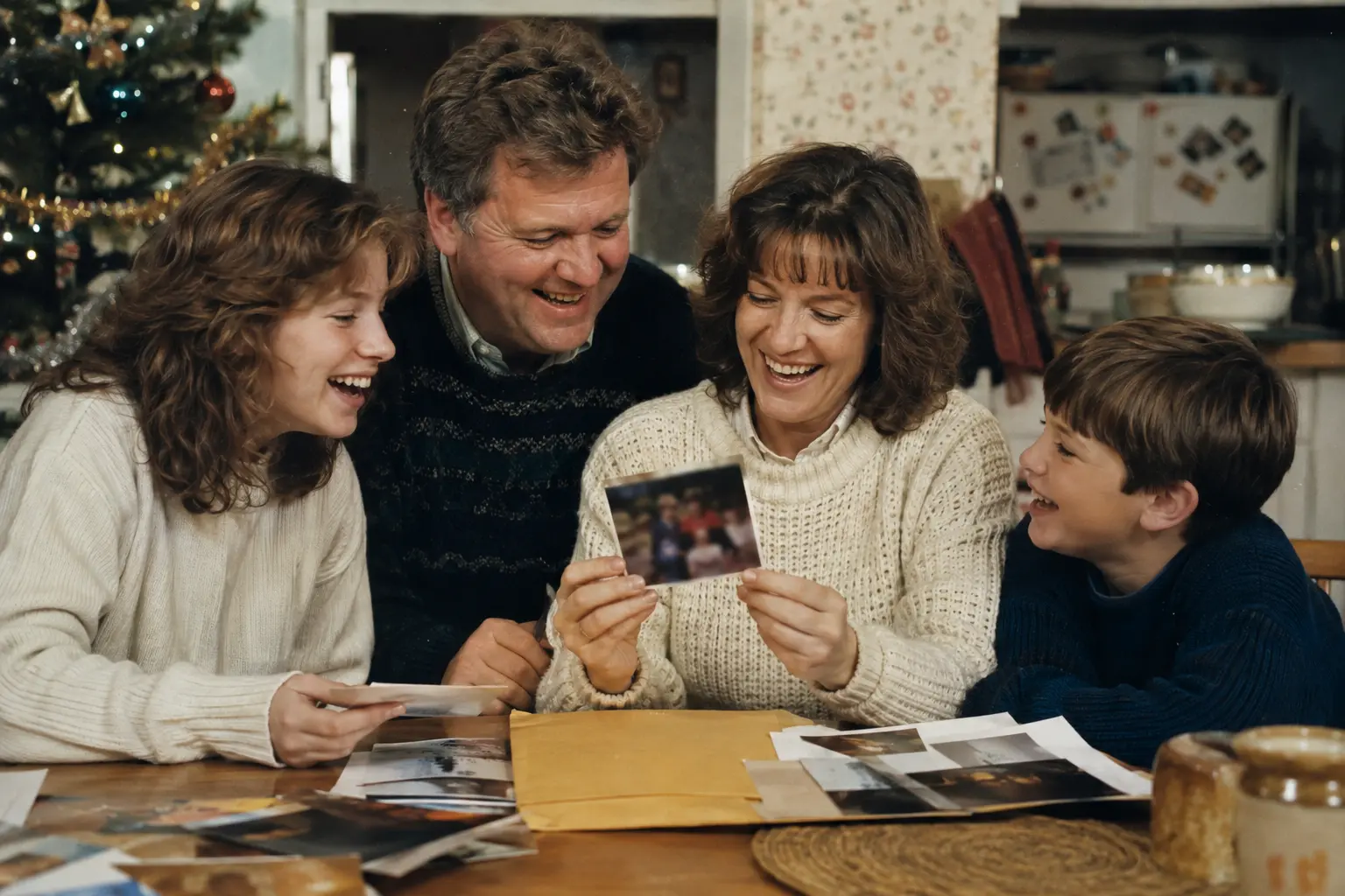 A family laughing over newly developed Christmas photographs in the mid-1980s