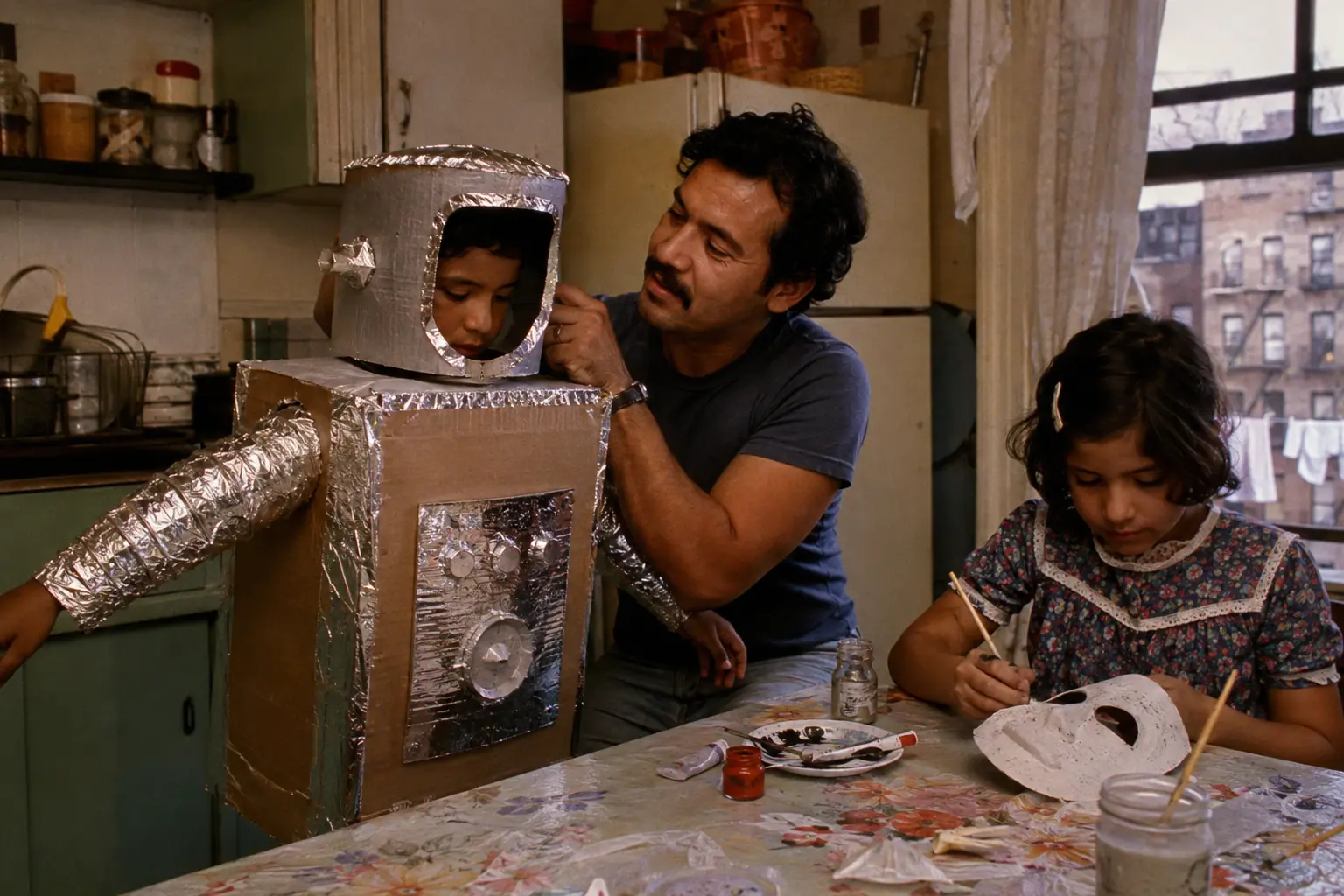 Close view of hands shaping cardboard and fabric into an unbranded homemade costume