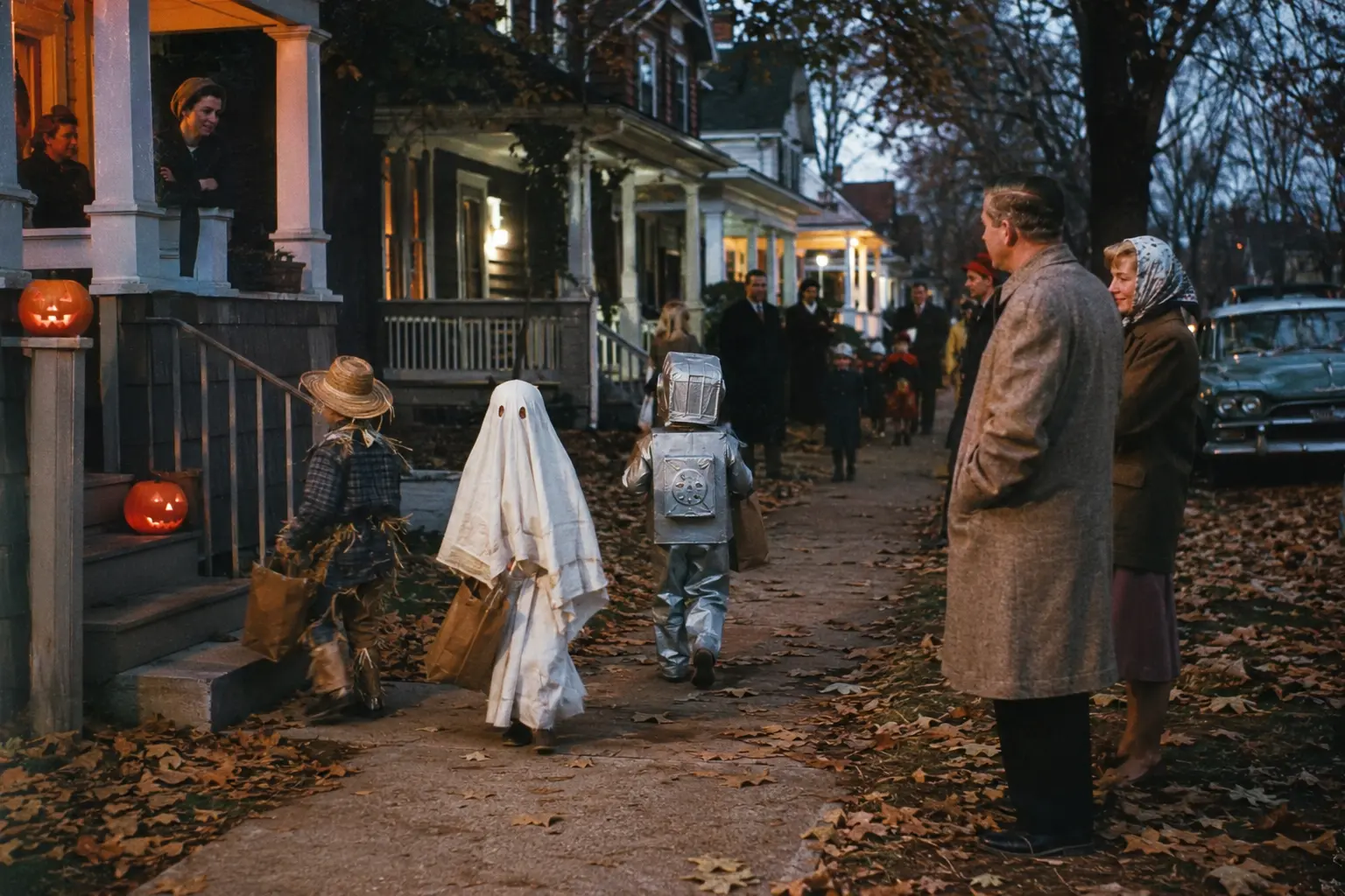 Children in distinct homemade Halloween costumes leaving a suburban home at dusk