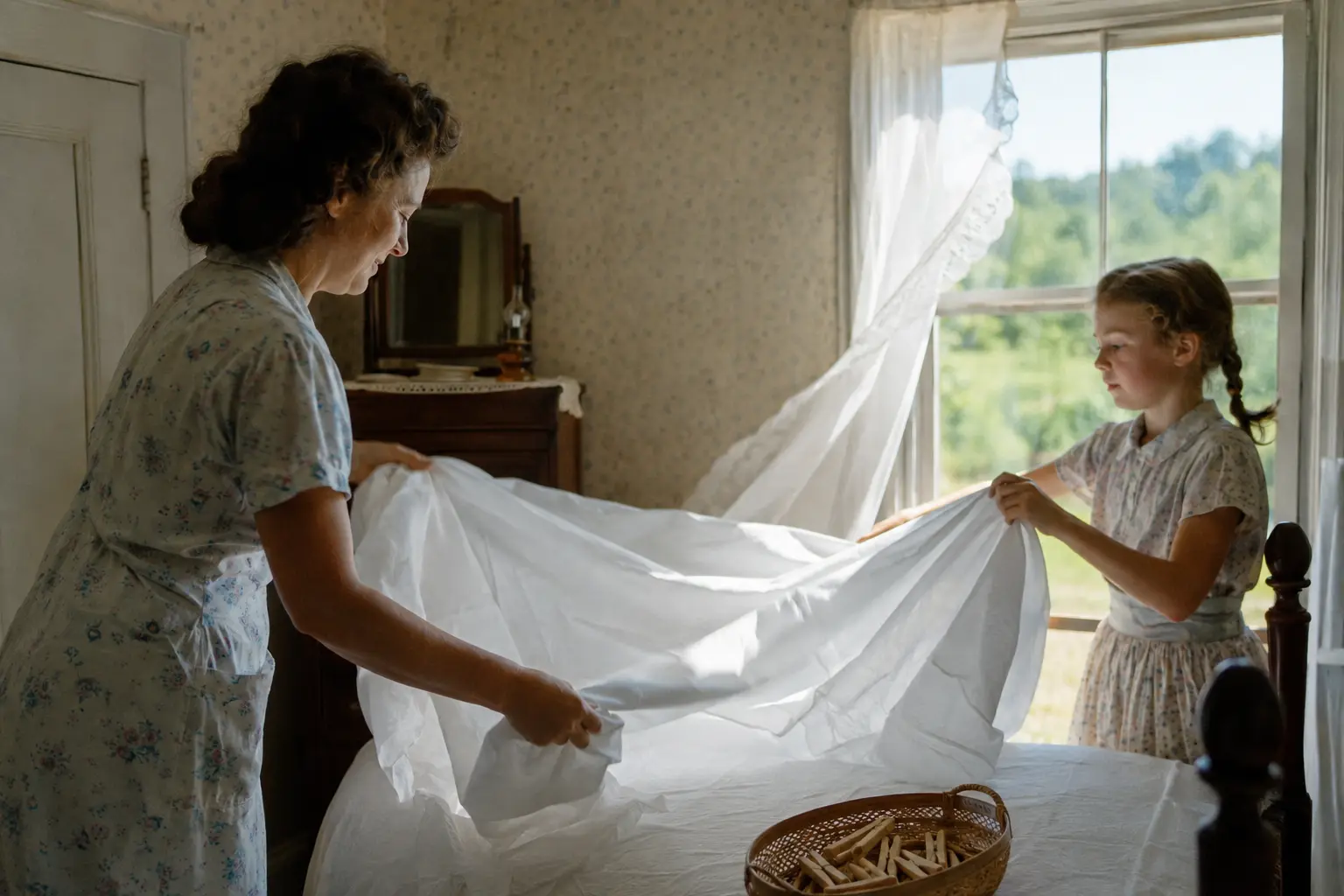 A parent and child rushing to gather clothes before a summer rain