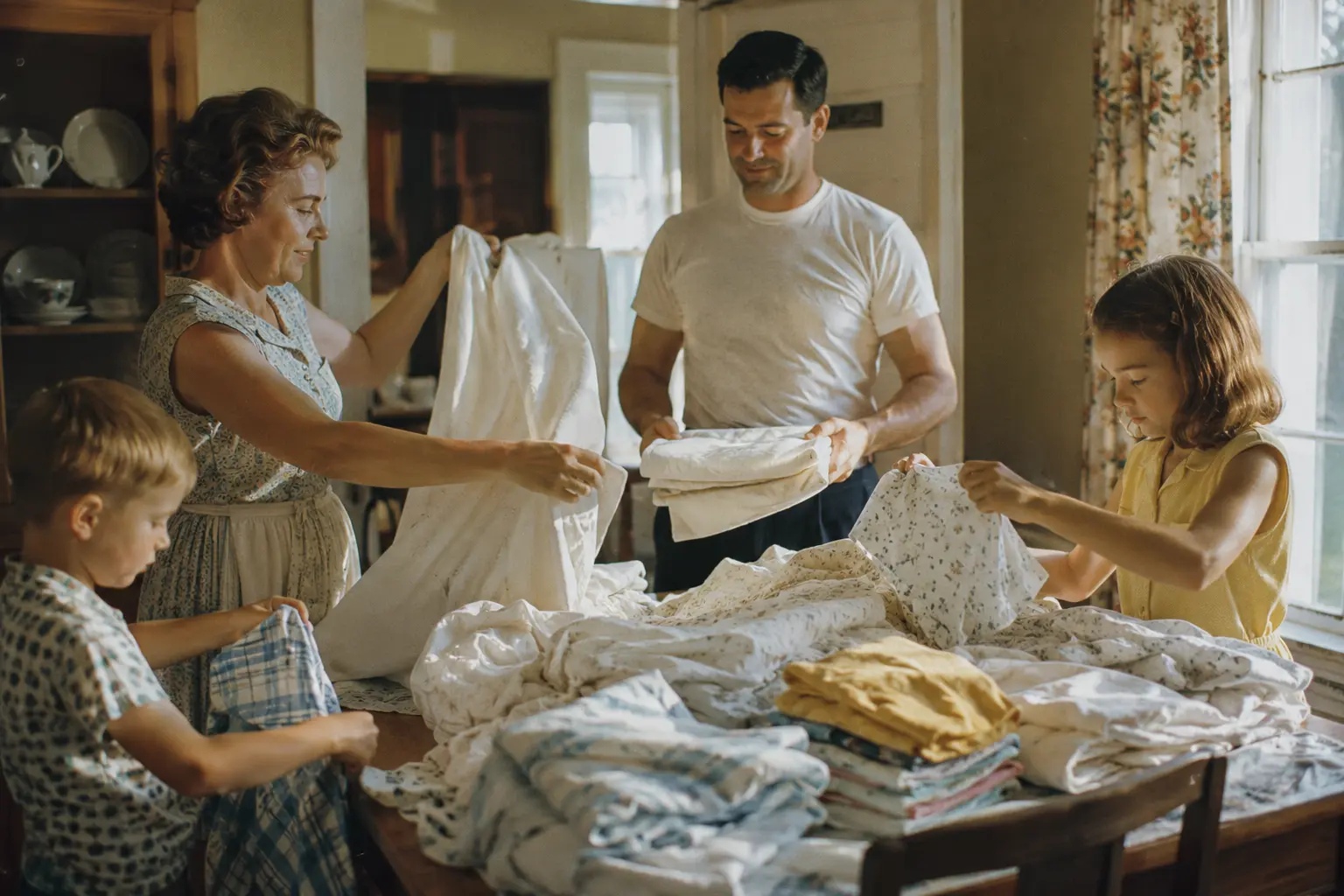 A family folding sun-dried laundry together at a 1960s kitchen table