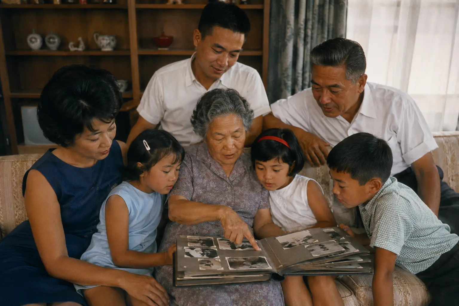 A Japanese American multigenerational family looking through a photo album in the 1960s