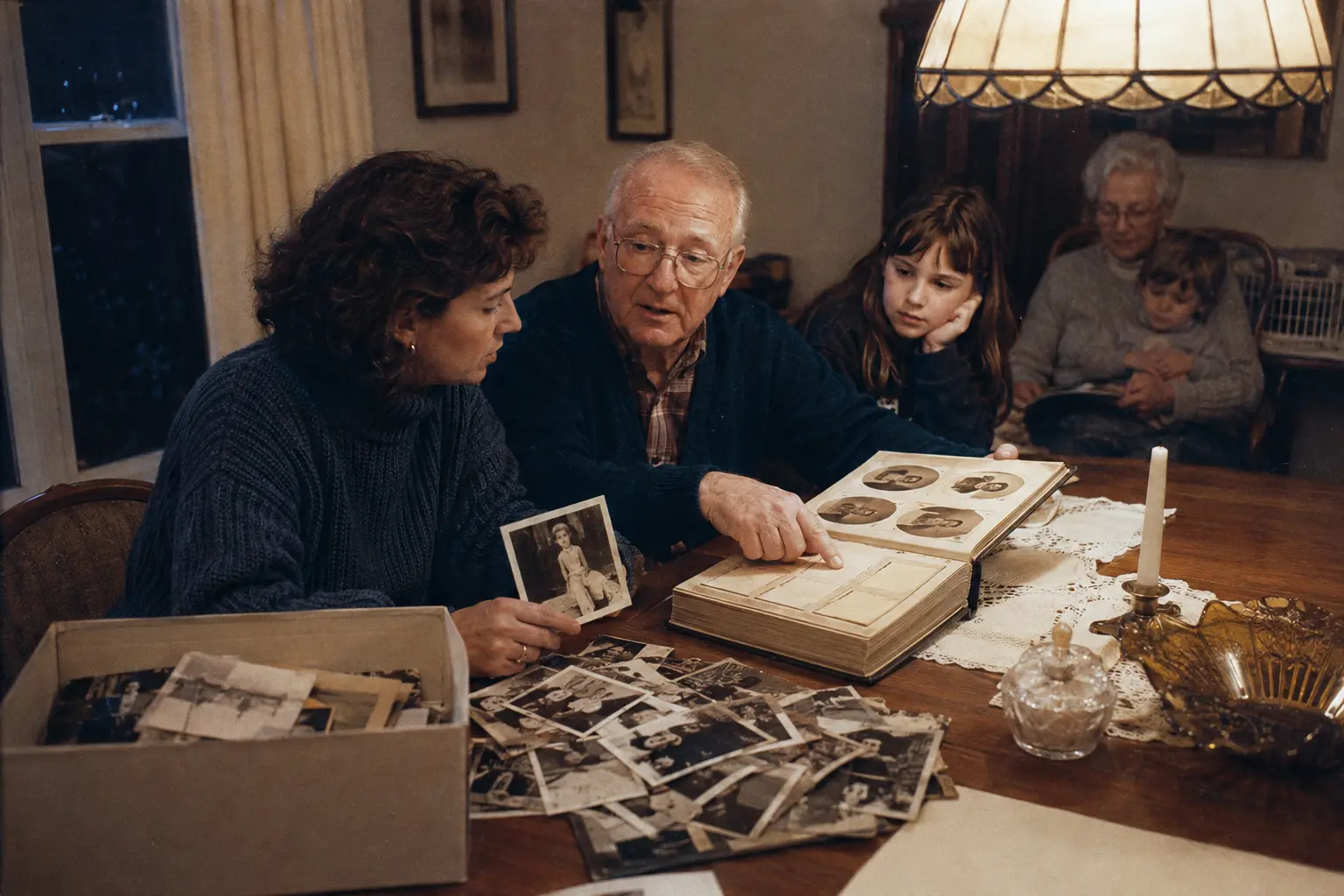 An adult daughter and elderly father sorting family photographs at a table in the late 1980s