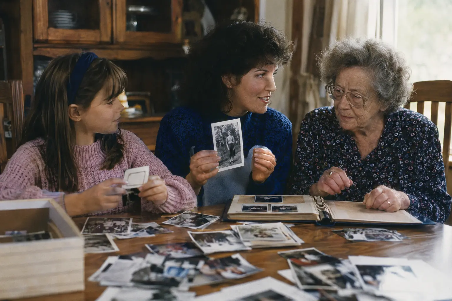 Three generations arranging loose family photographs into an album in the late 1980s