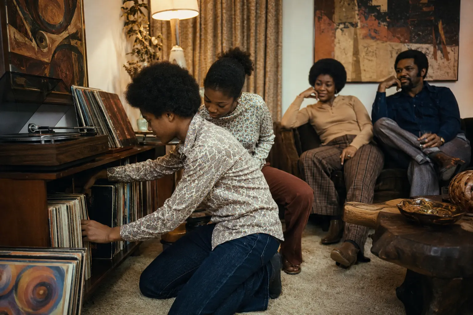 An African American family choosing a vinyl record in an early 1970s living room