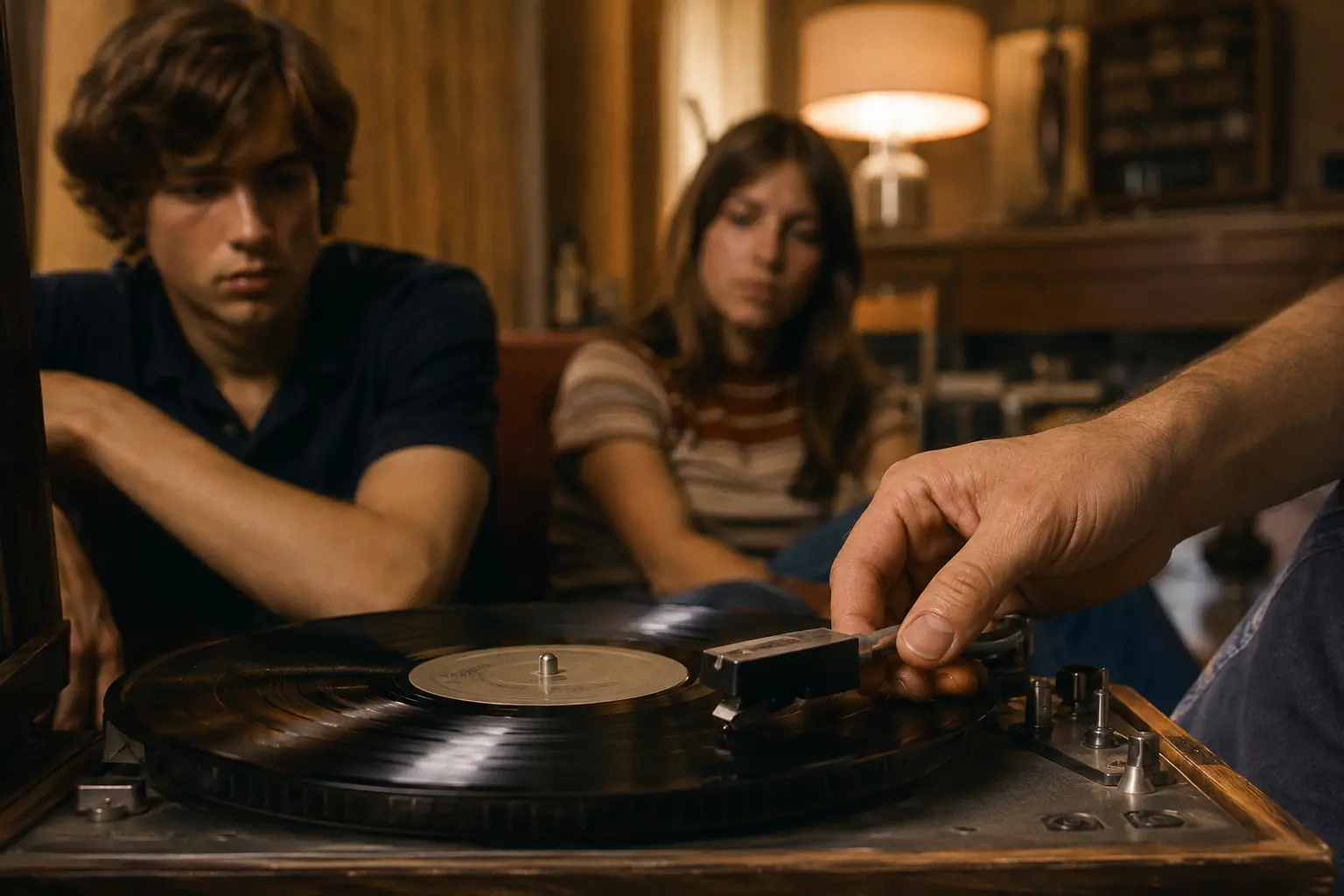 A hand carefully lowering a turntable needle onto an unbranded vinyl record