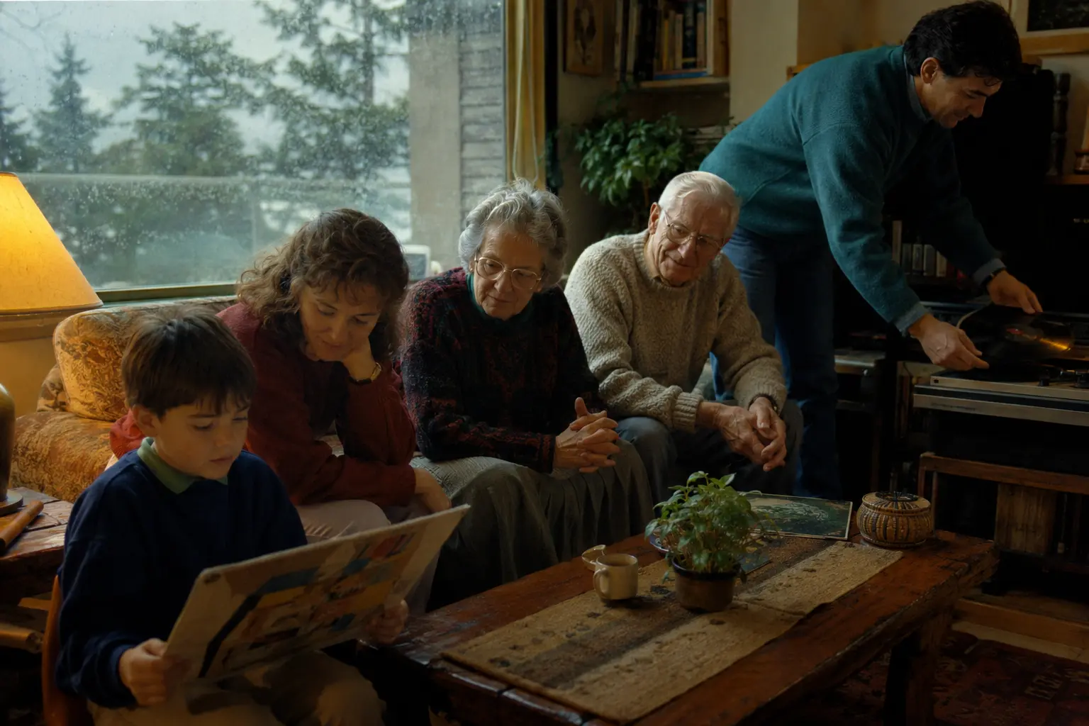 A multigenerational American family listening to records together in the 1980s