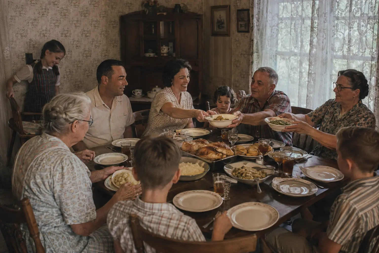 An American family gathering around a Sunday dinner table in the 1960s