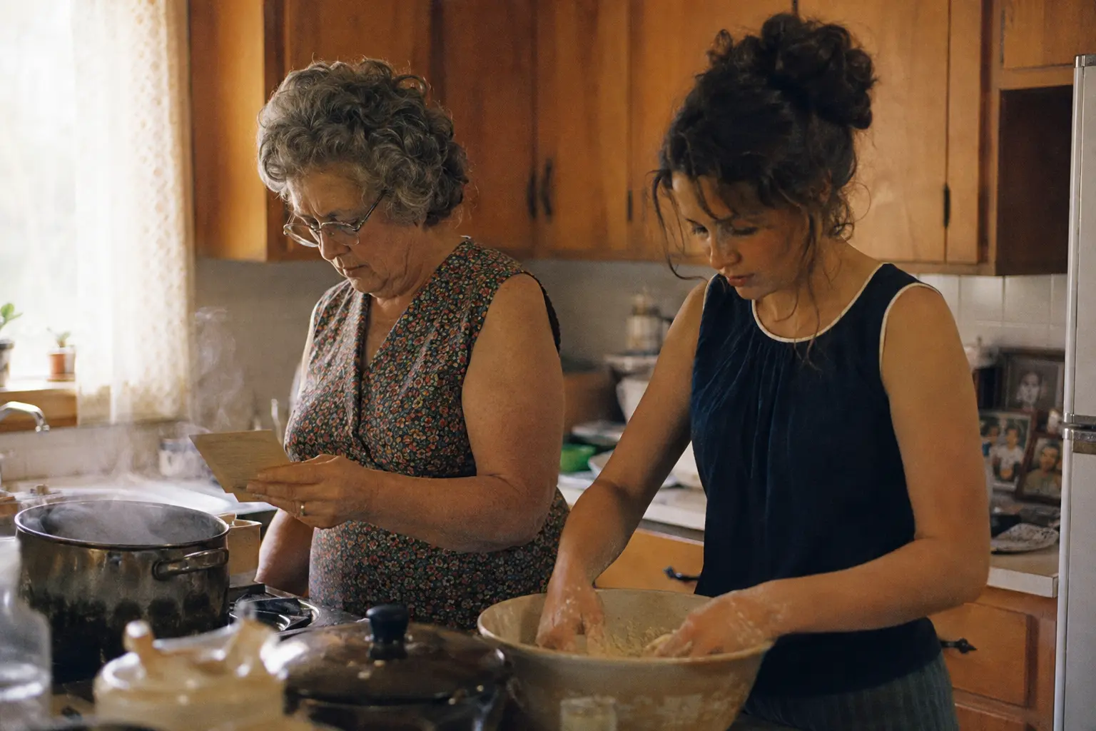 Hands preparing a traditional family meal in a mid-century kitchen