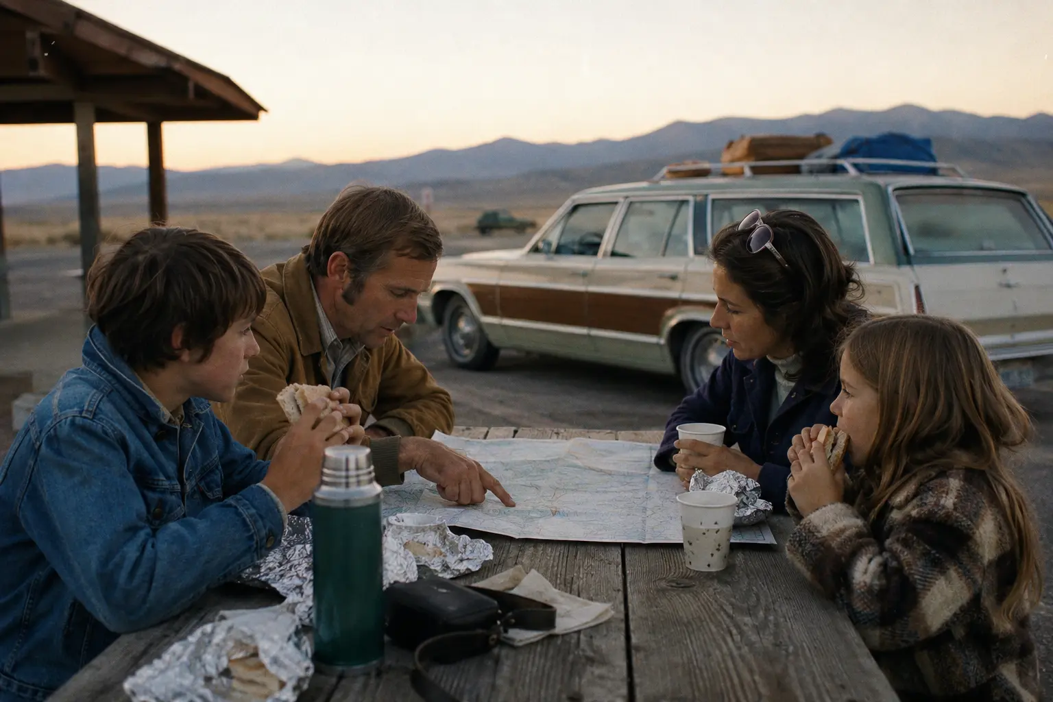 A family pausing at a scenic roadside overlook during a 1980s trip