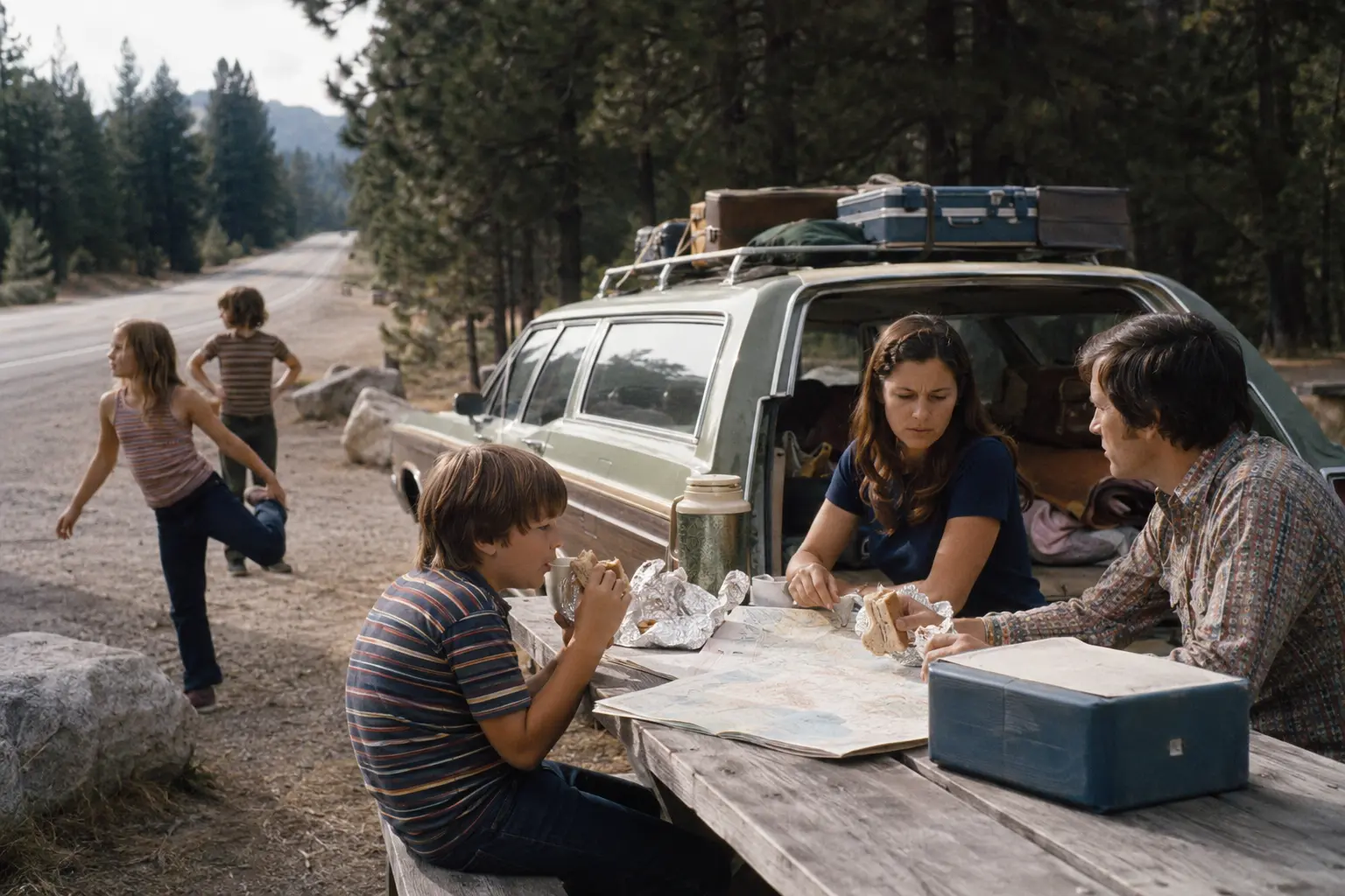 A 1970s family sharing a roadside picnic beside a loaded station wagon and paper map