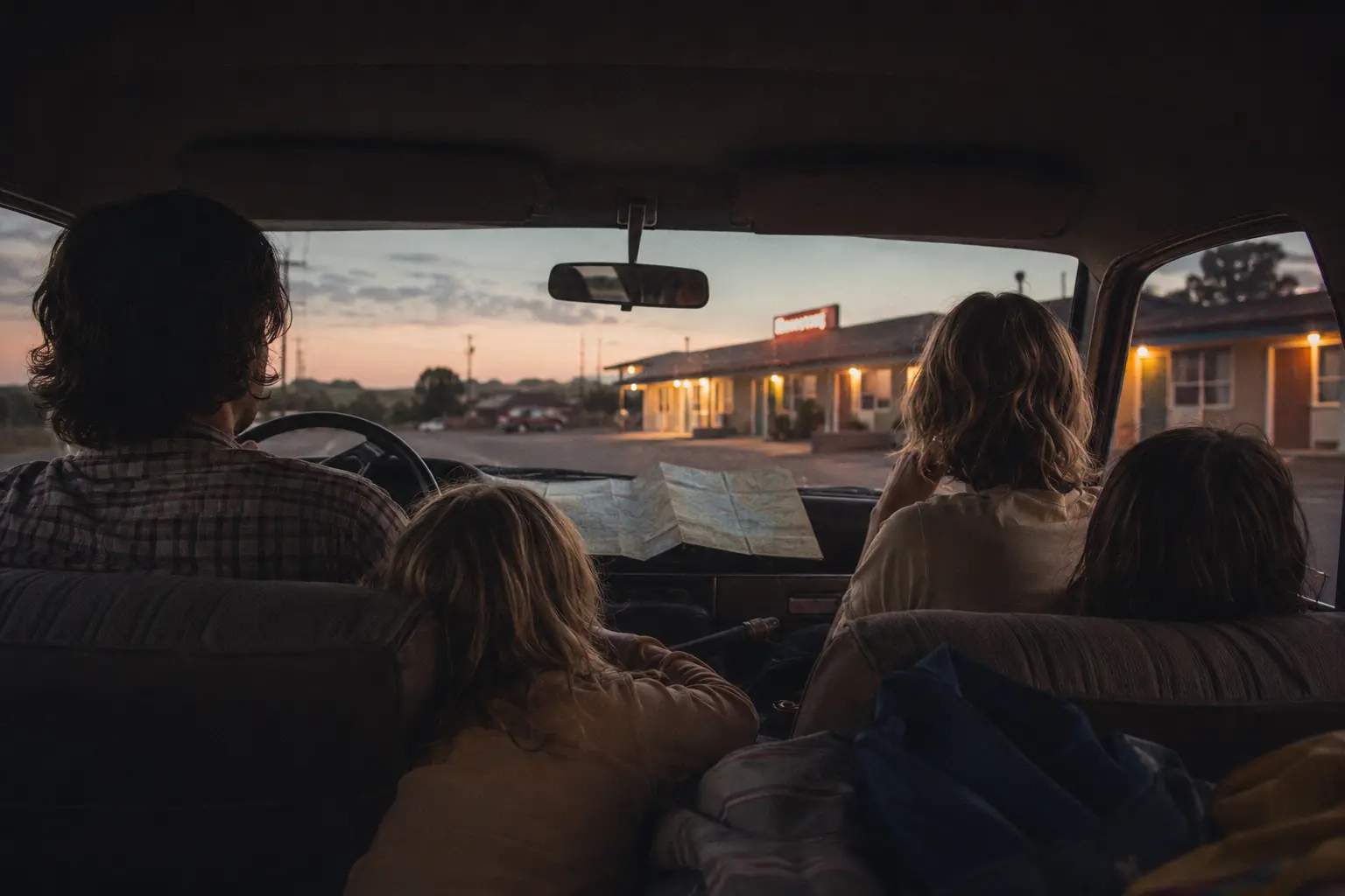 A tired family approaching a modest roadside motel at dusk during a late 1970s road trip