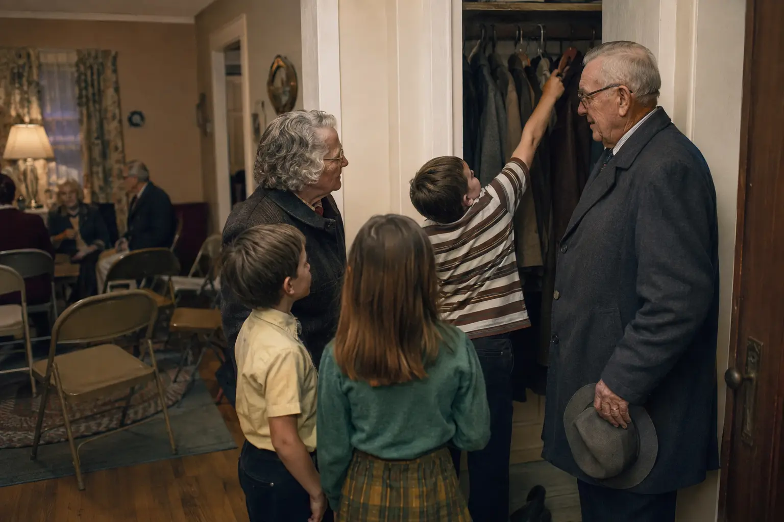 Children searching through coats and board games in a hall closet