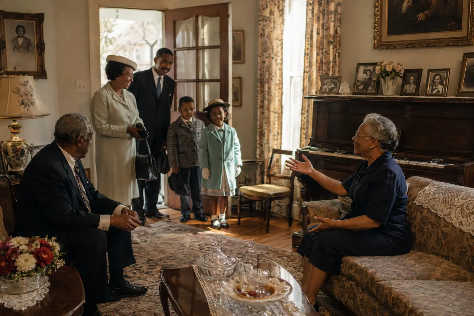 A carefully kept formal American living room in the 1960s prepared for visitors