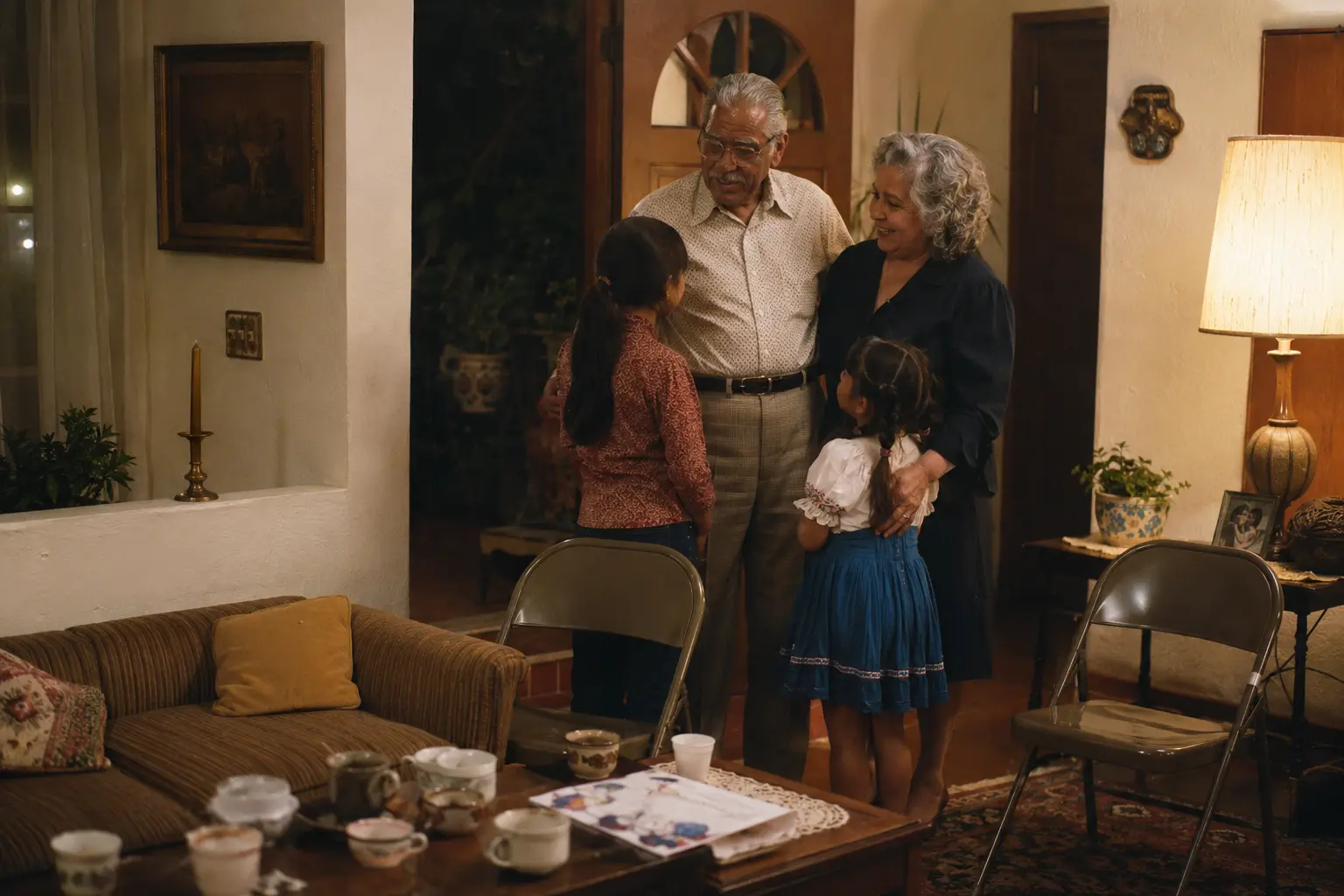 A multigenerational family visiting in a formal 1970s living room