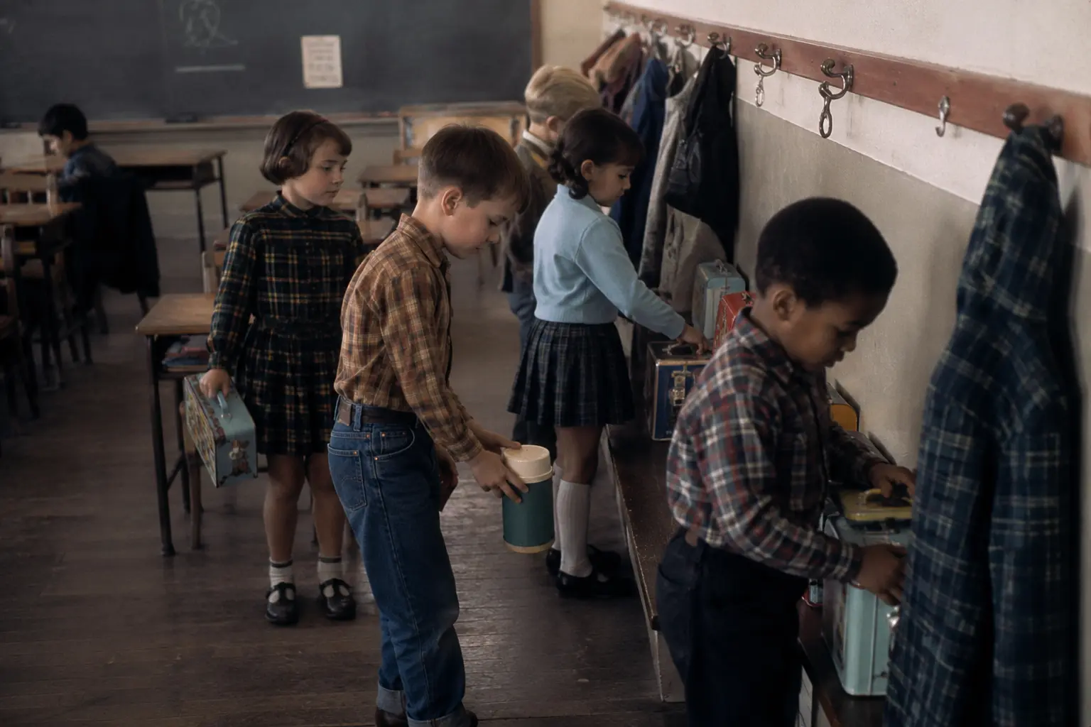 A 1960s American school lunchbox open beside a child at a lunchroom table