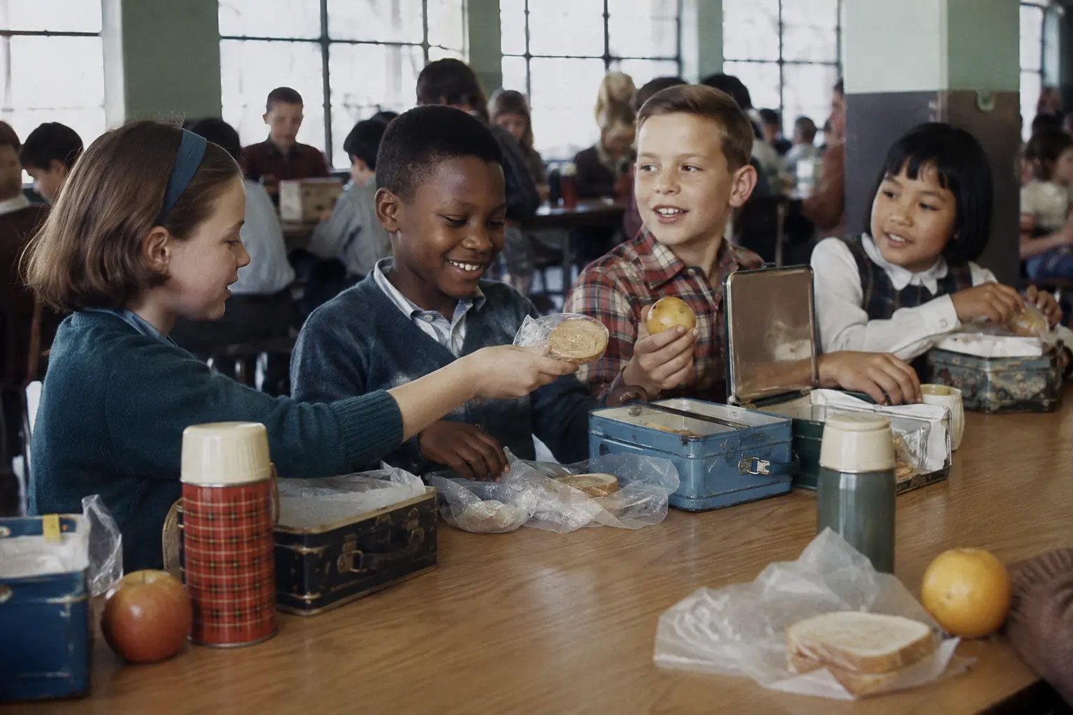 Wax-paper sandwich, fruit, thermos, and homemade treat arranged for a 1960s school lunch