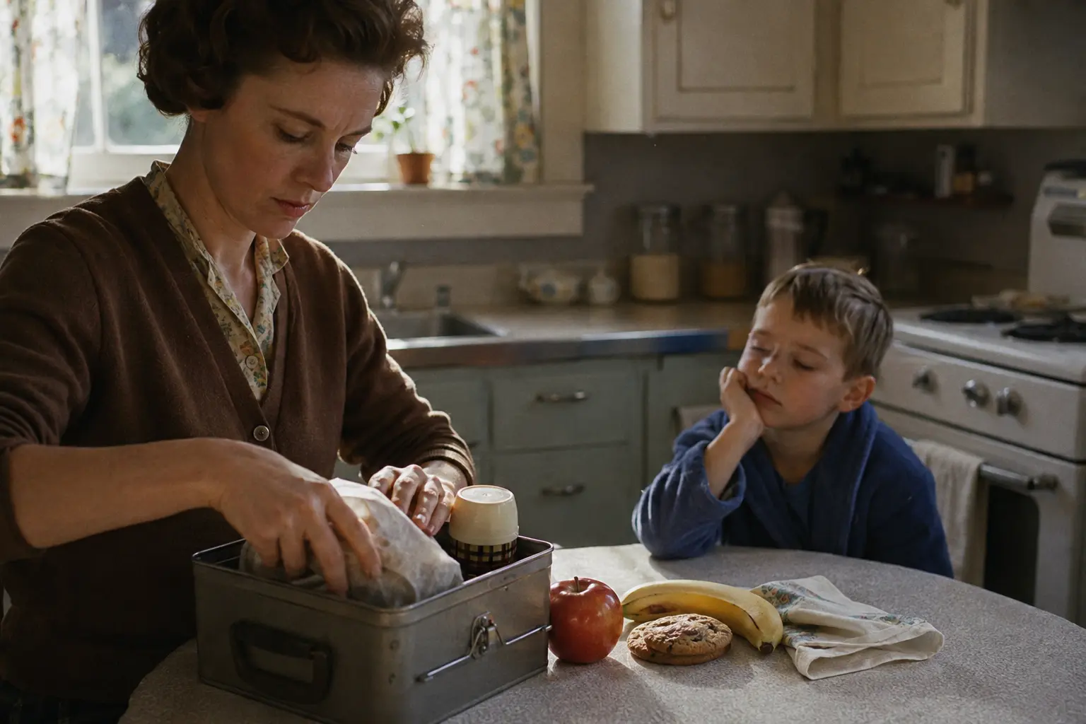 A parent packing an unbranded school lunchbox in an early 1960s kitchen