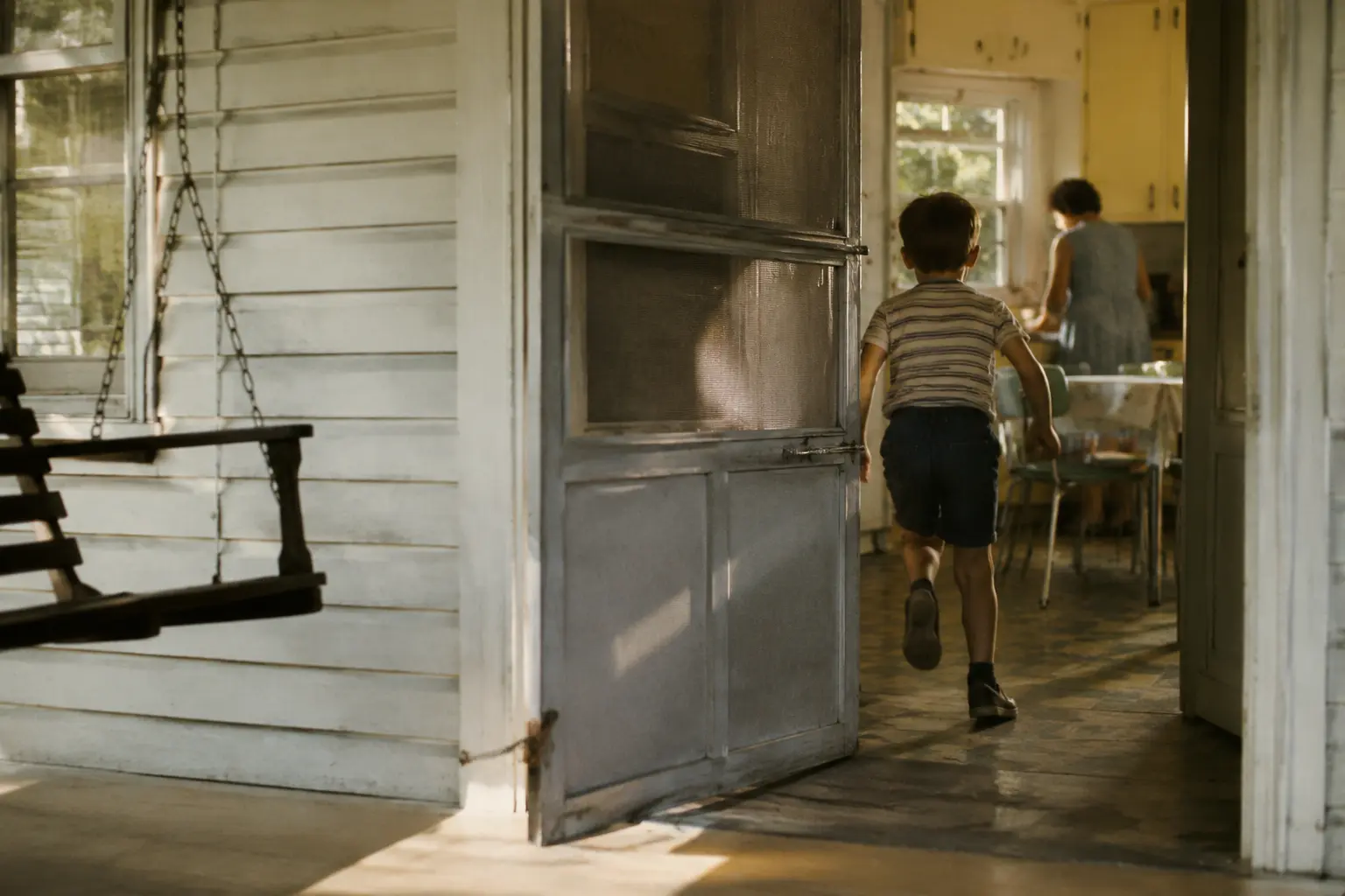 A child entering a mid-century American home through a screen door on a summer afternoon