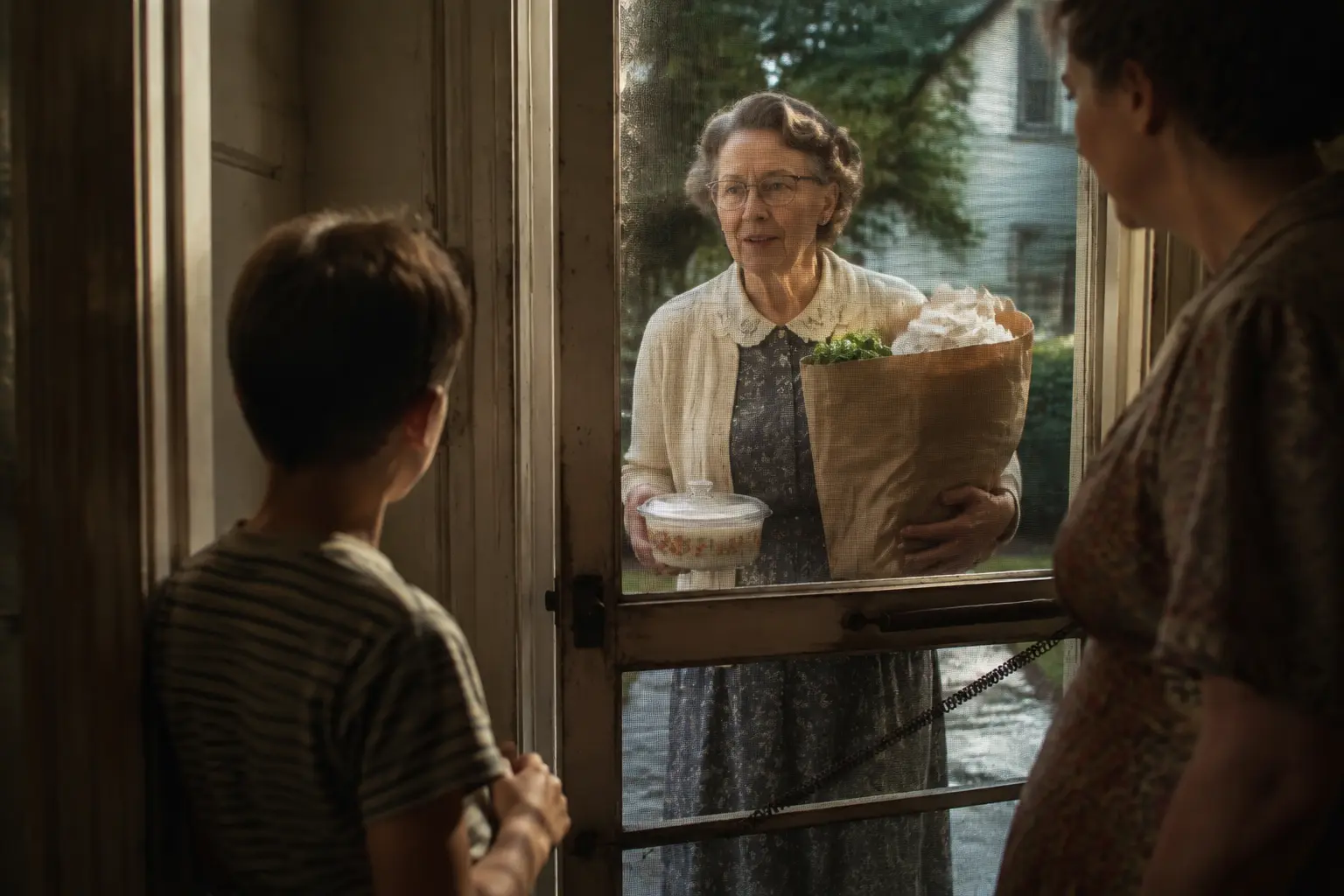 Neighbors and family gathered near the porch of a 1960s American home
