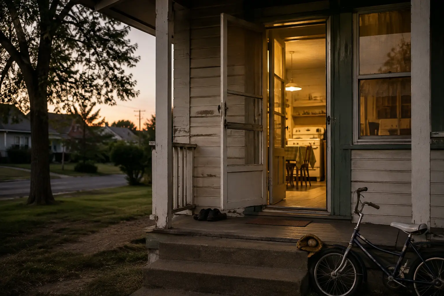 A quiet 1960s neighborhood porch at dusk with an open screen door and a child’s bicycle nearby