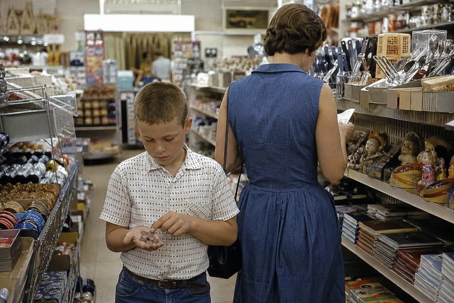 A child exploring a busy American five-and-dime store in the 1960s
