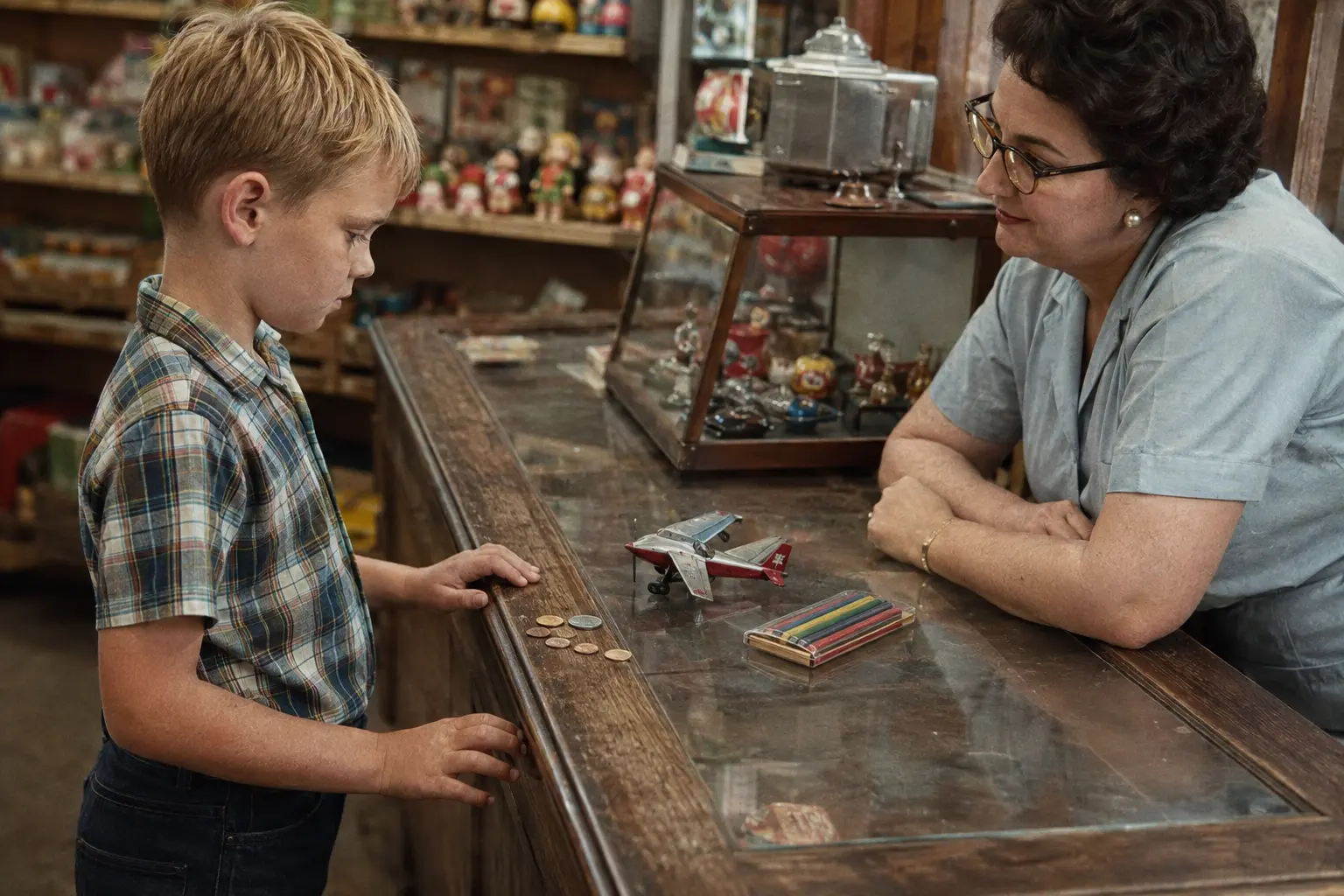 Hands counting coins beside small unbranded toys at a five-and-dime counter