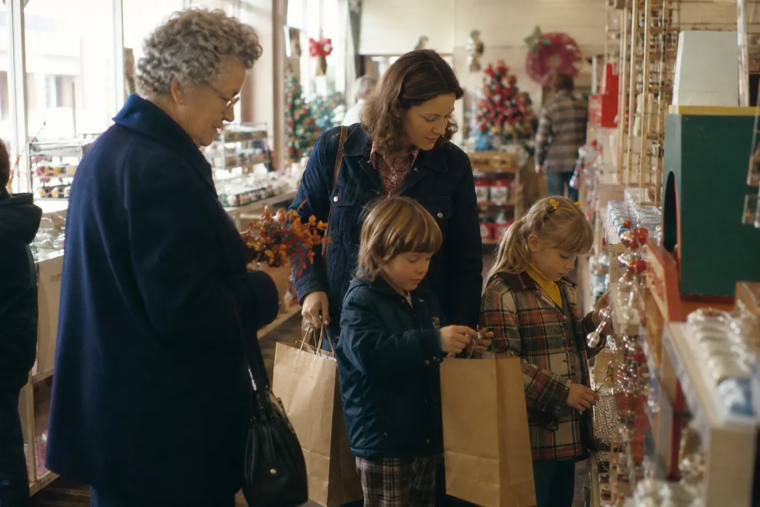 A parent and child carrying a small purchase out of a mid-century Main Street store