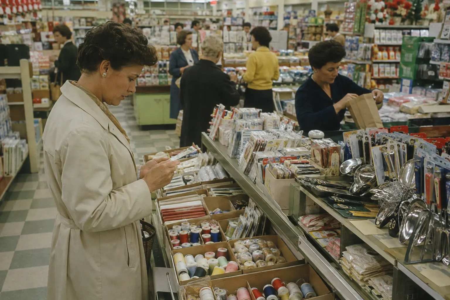 An adult shopper browsing sewing notions and household goods in a 1960s five-and-dime