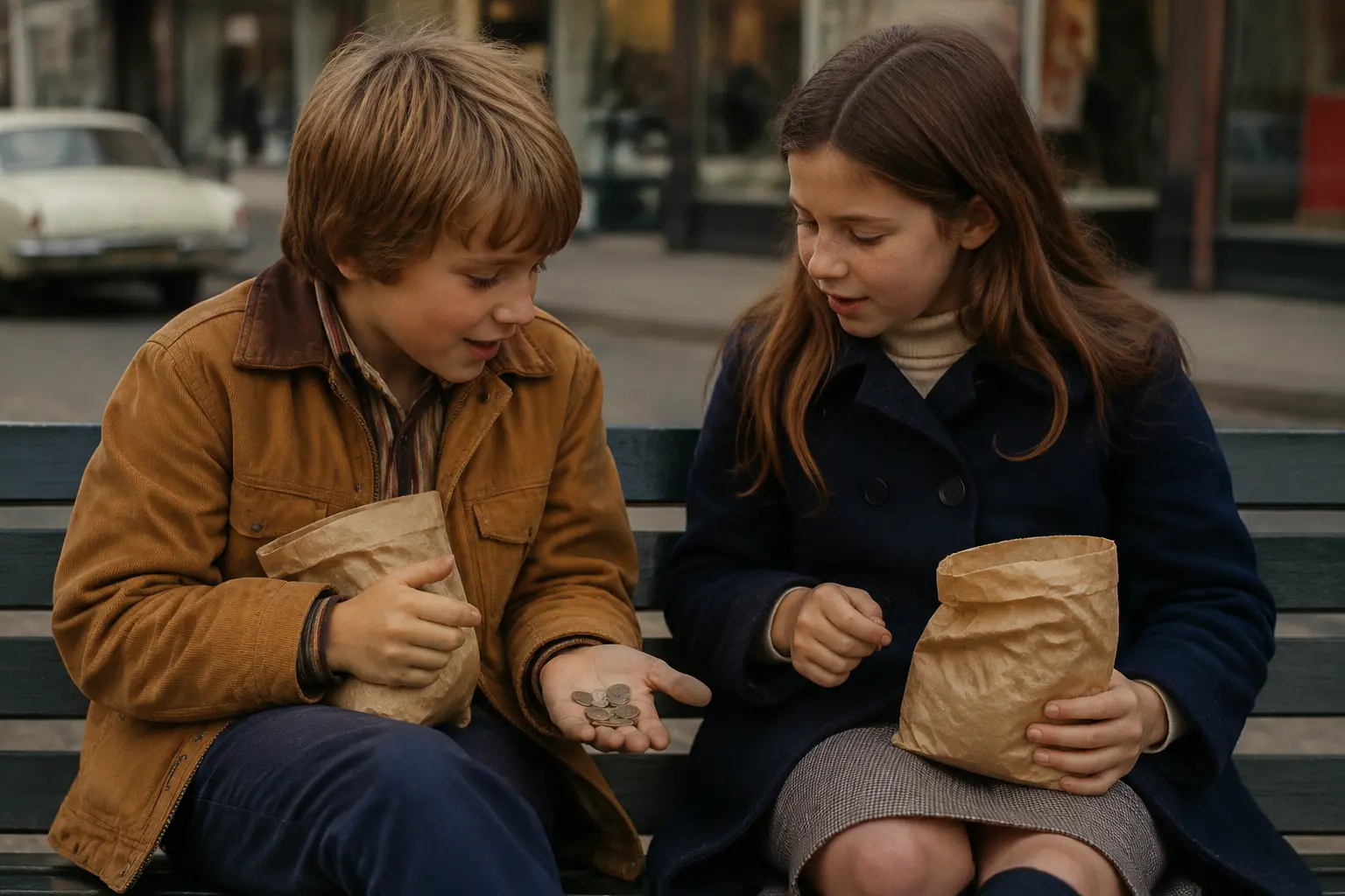 Two siblings comparing small five-and-dime purchases and leftover coins on a Main Street bench